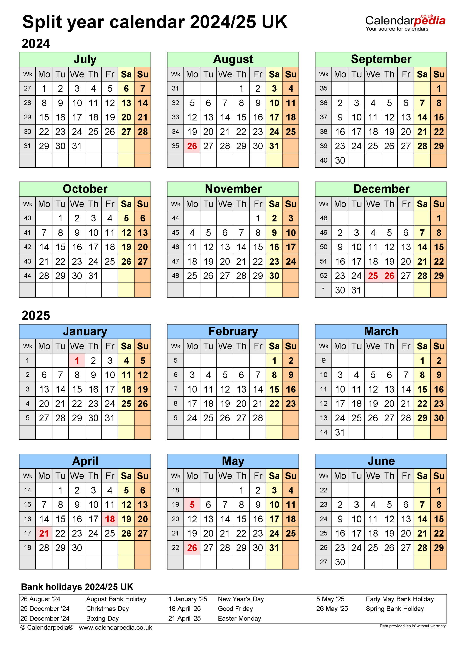 Split Year Calendars 2024/25 Uk (July To June) For Pdf | Calendar July 1 2024 to June 30 2024