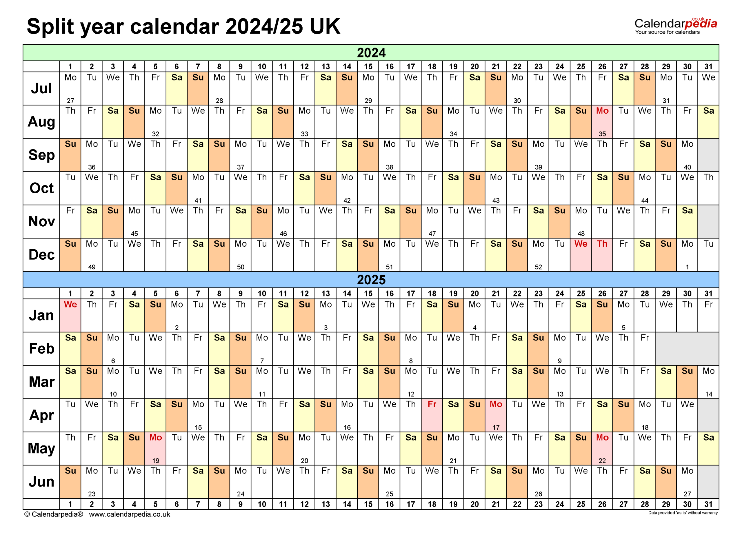 Split Year Calendars 2024/25 Uk (July To June) For Pdf | Calendar July 24 To June 25