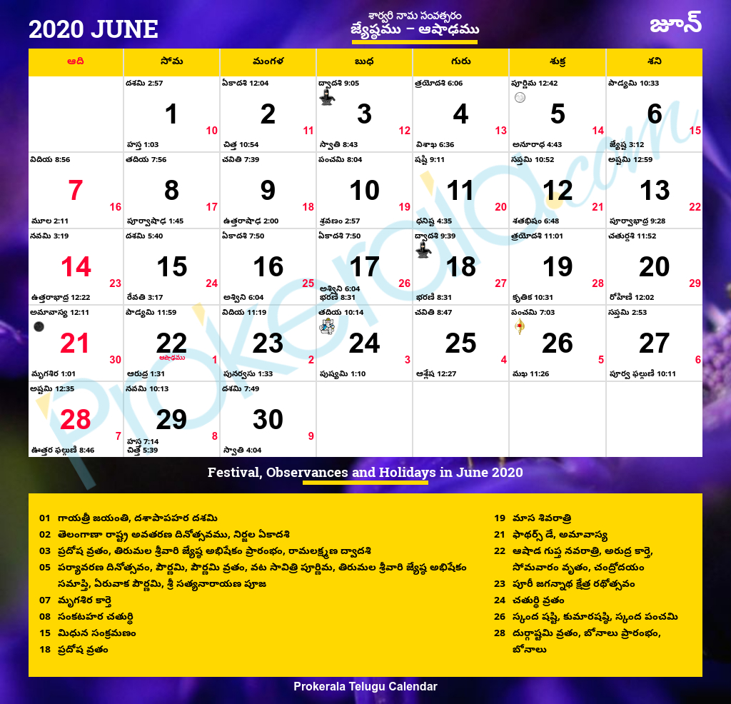 Telugu Calendar 2020, June | 1983 June Telugu Calendar Panchangam