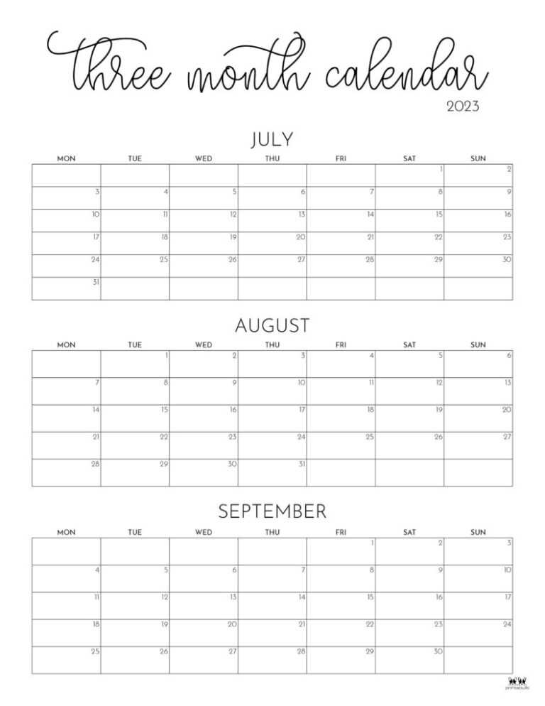 Three Month/Quarterly Calendars - 32 Free Calendars | Printabulls | 3 Month Calendar May June July