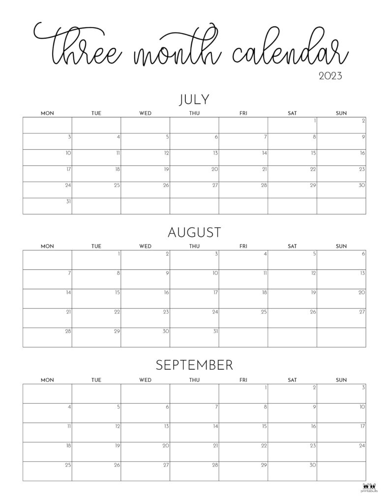 Three Month/Quarterly Calendars - 32 Free Calendars | Printabulls | 3 Month Calendar May June July