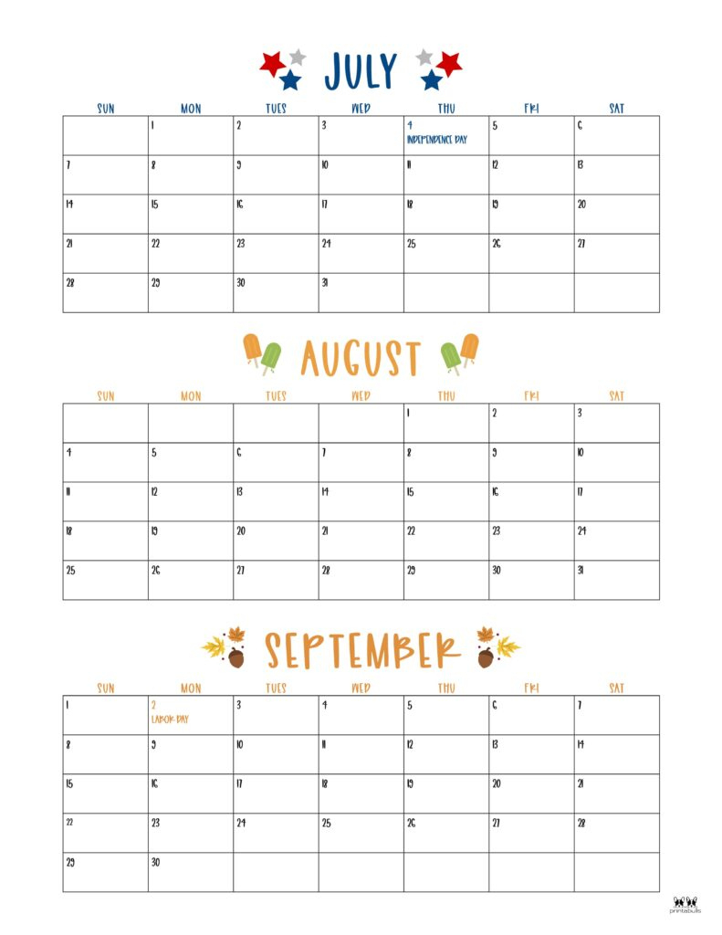 Three Month/Quarterly Calendars - 36 Free Calendars | Printabulls | 3 Month Calendar June July August 2024