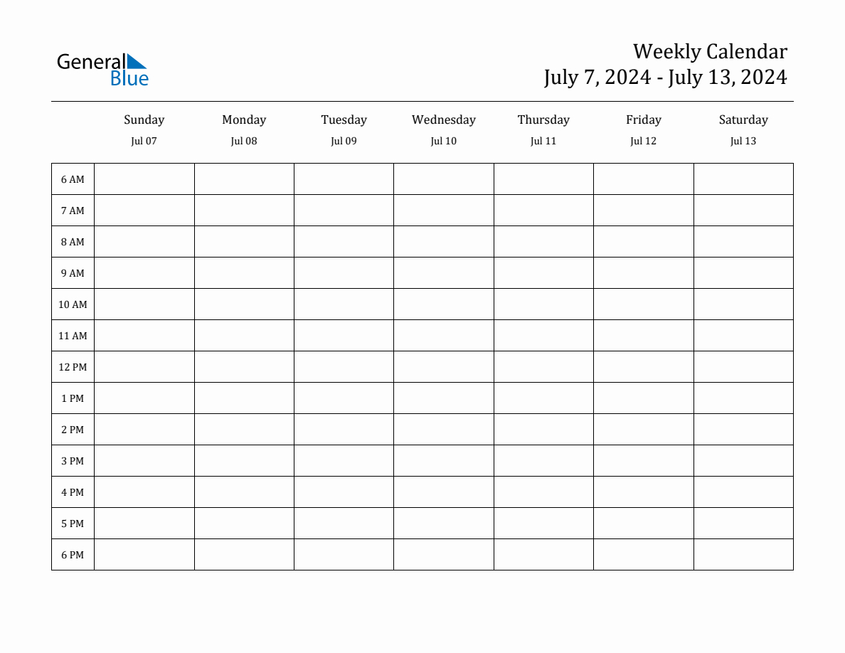 Weekly Calendar - July 7, 2024 To July 13, 2024 - (Pdf, Word, Excel) | General Blue June 2024 Calendar