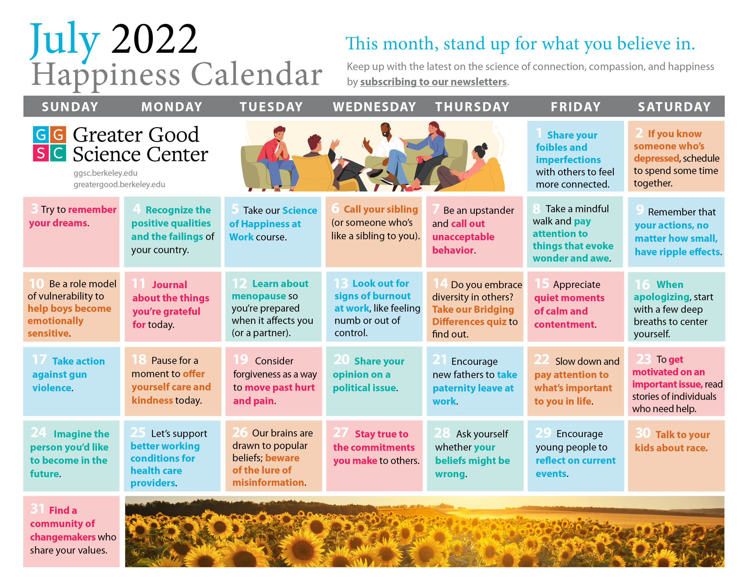 Your Happiness Calendar For July 2022 | Action For Happiness June Calendar