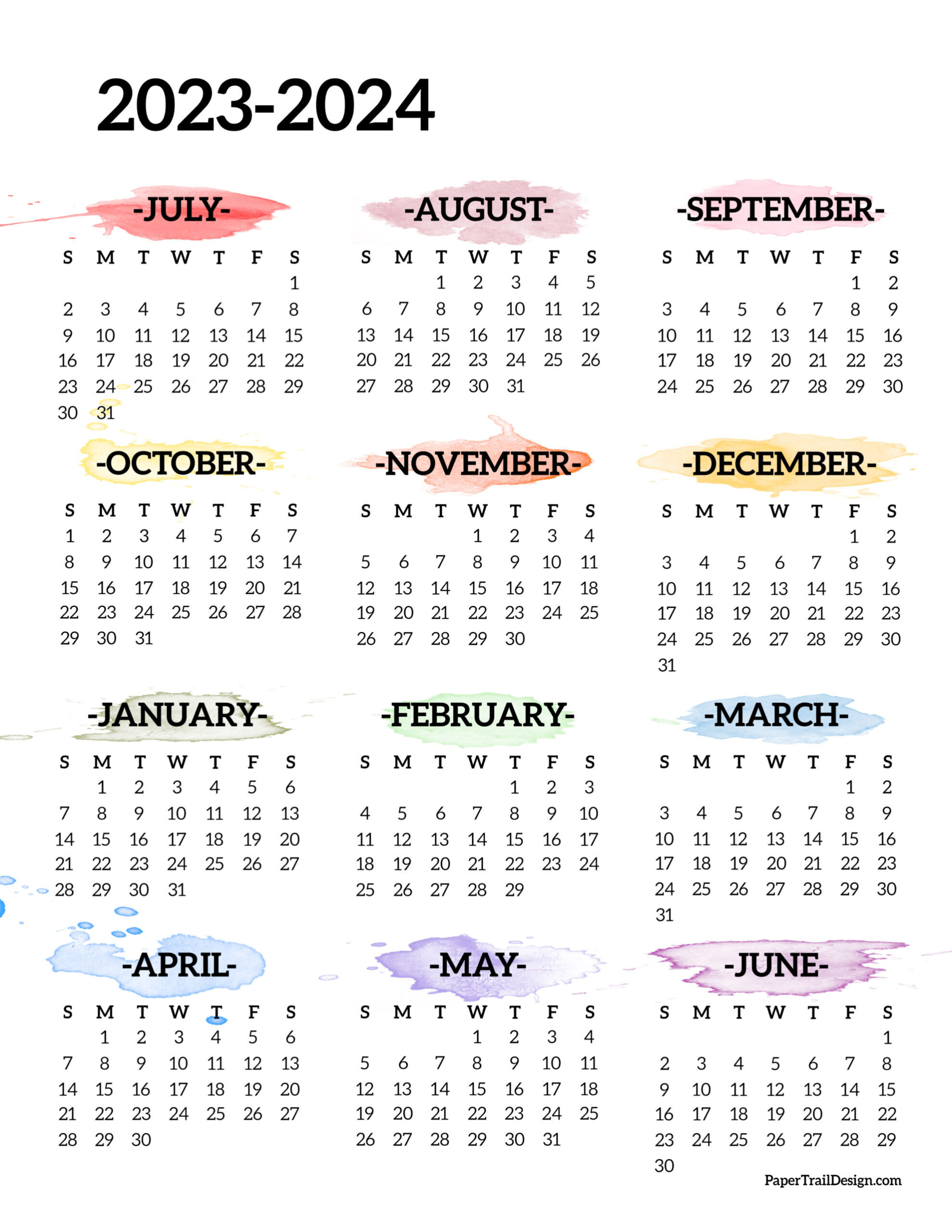 2023-2024 School Year Calendar Free Printable - Paper Trail Design | Calendar August 2023 - July 2024
