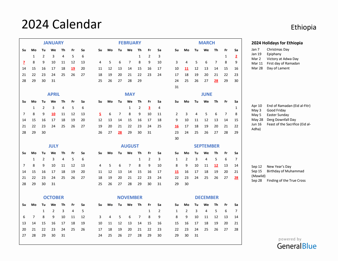 2024 Calendar With Holidays For Ethiopia | July 10 2024 In Ethiopian Calendar