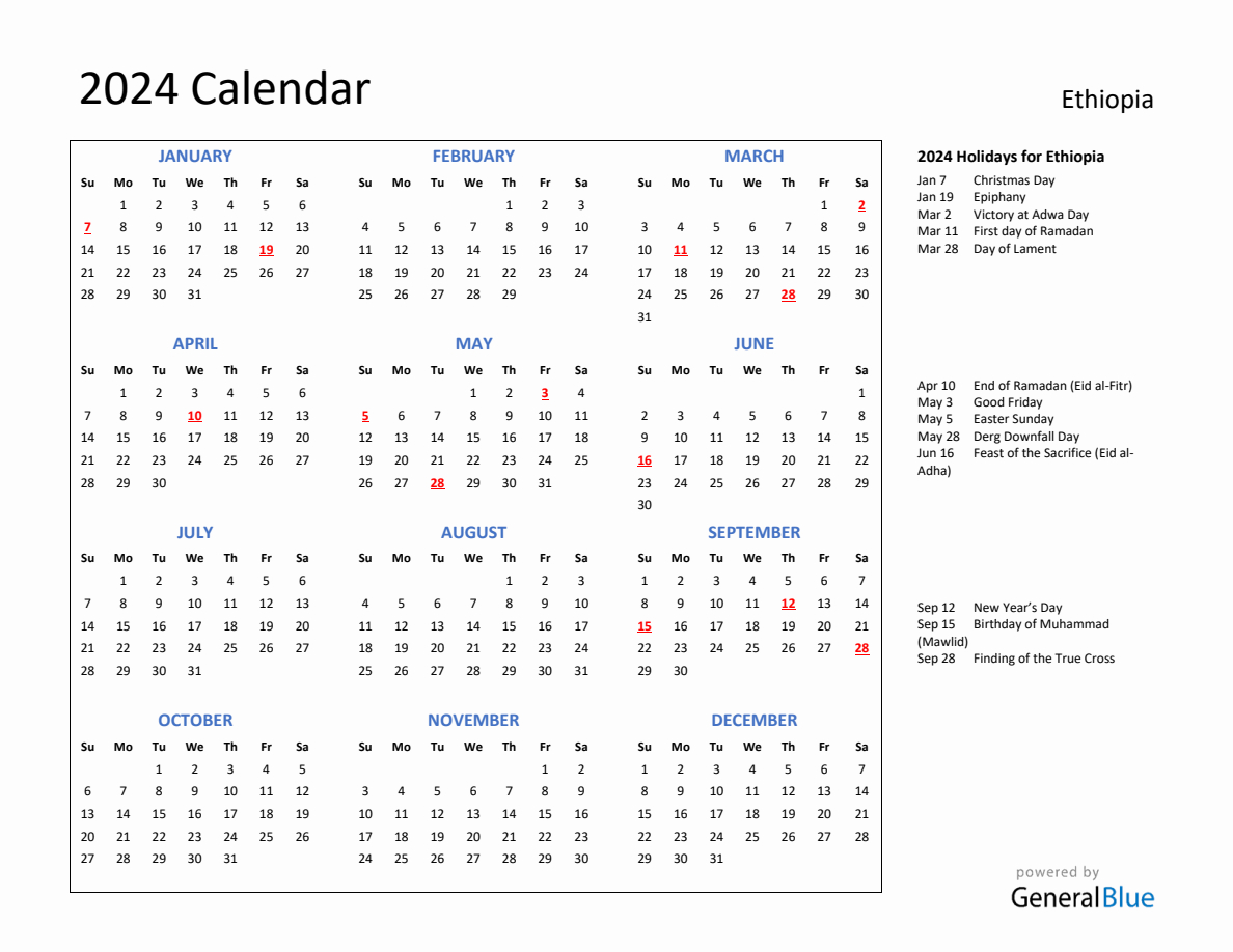 2024 Calendar With Holidays For Ethiopia | July 11 2024 In Ethiopian Calendar