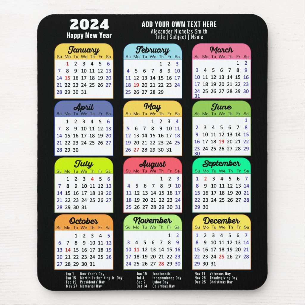 2024 Calendar With Us Public Holidays Modern Black Mouse Pad | Calendar Emoji July 21 2024