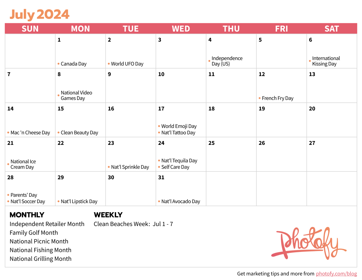 2024 Fitness Social Media Calendar - Photofy | July Fun Holiday Calendar 2024
