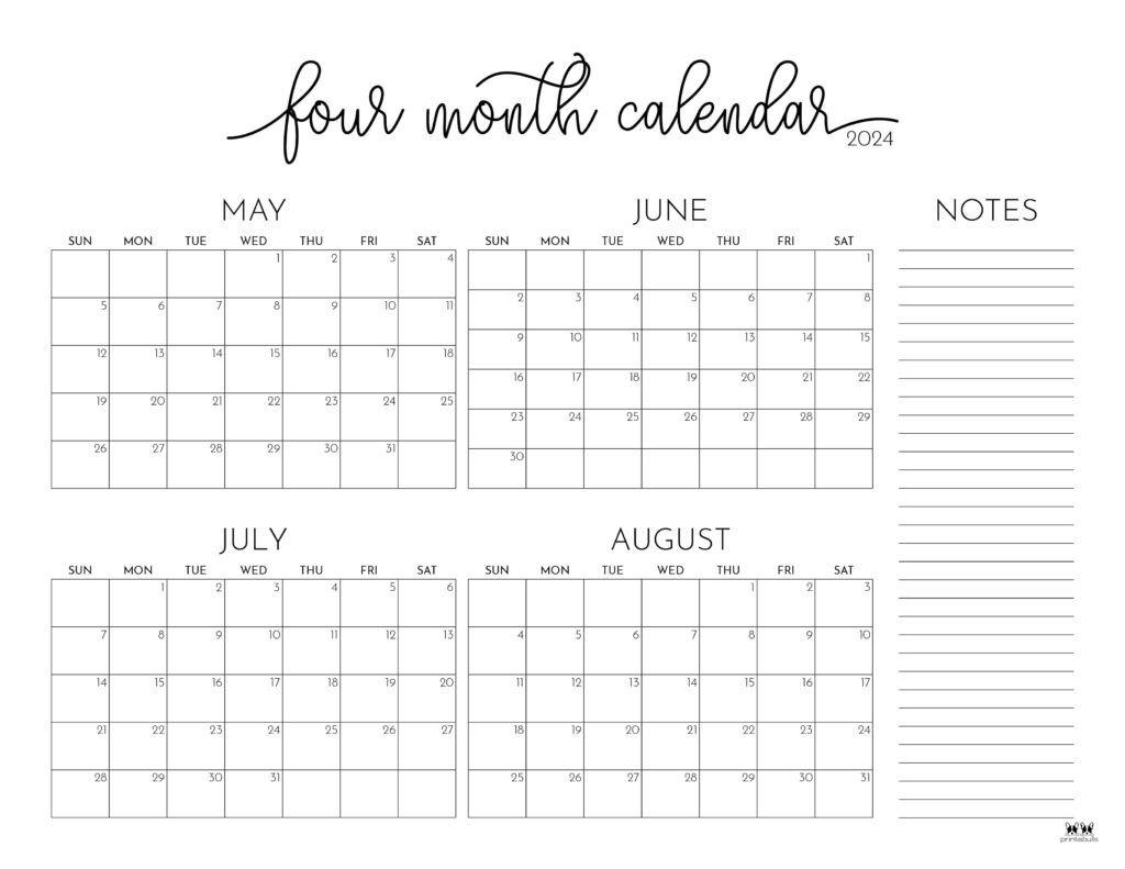 2024 Four Month Calendars - 18 Free Printables | Printabulls | May - July 2024 Calendar