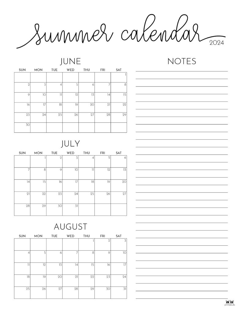 2024 Summer Calendars - 18 Free Printables | Printabulls | June - July 2024 Calendar