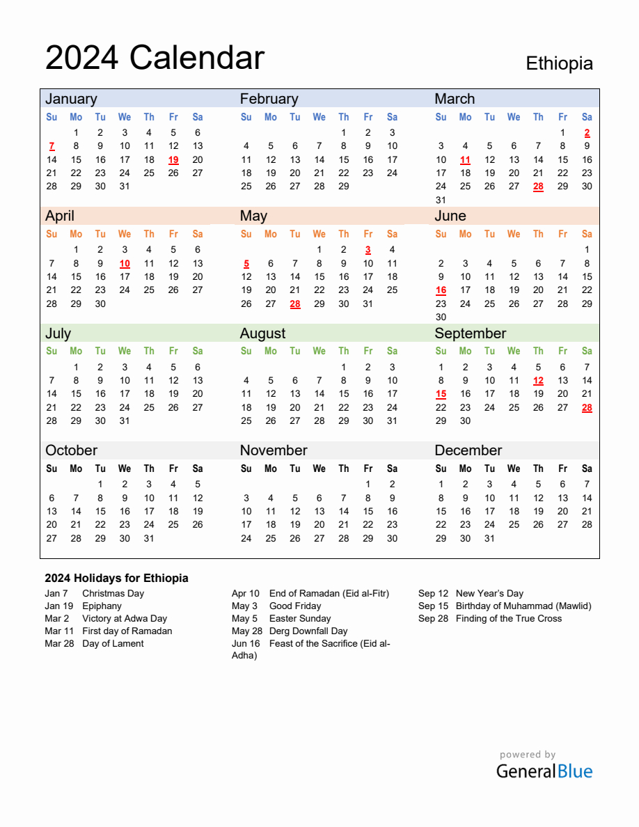 Annual Calendar 2024 With Ethiopia Holidays | July 10 2024 in Ethiopian Calendar