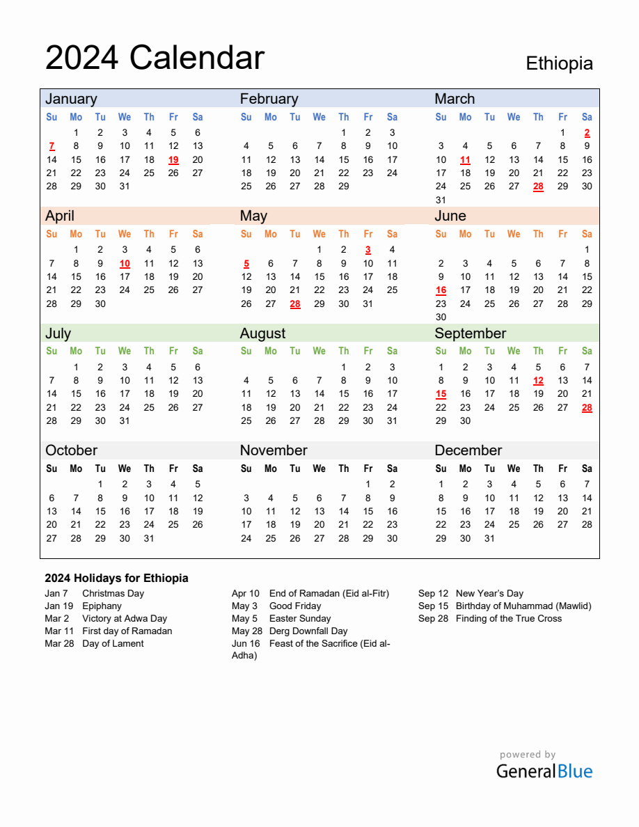 Annual Calendar 2024 With Ethiopia Holidays | July 12 2024 In Ethiopian Calendar