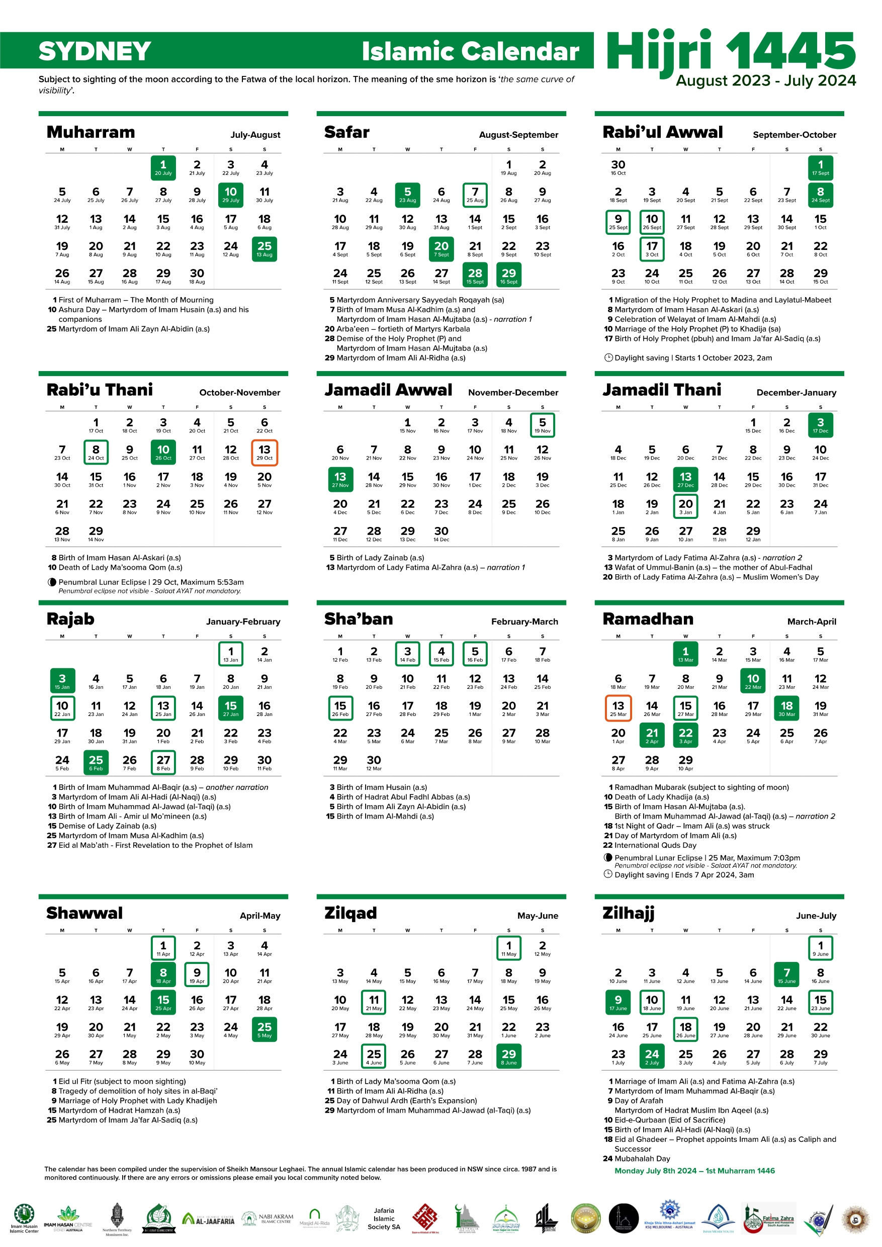 Annual Islamic Calendar 1445 Ah / 2023-2024 Ad – Imam Husain | July In Arabic Calendar 2024