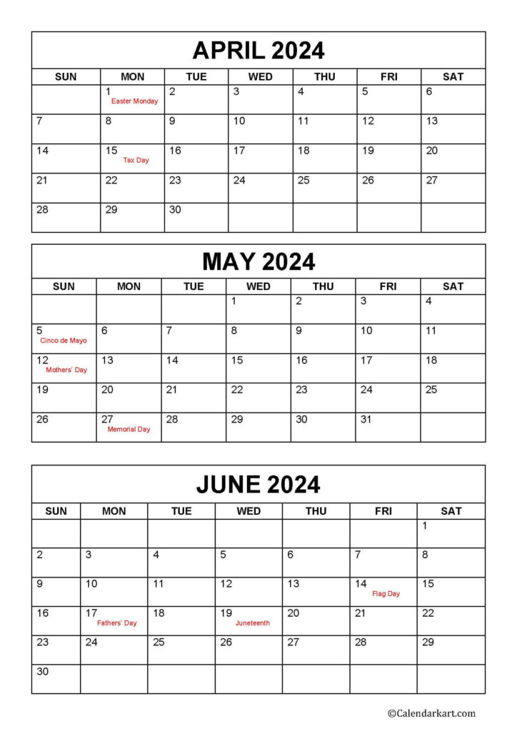 April May June 2024 Calendar Printable 