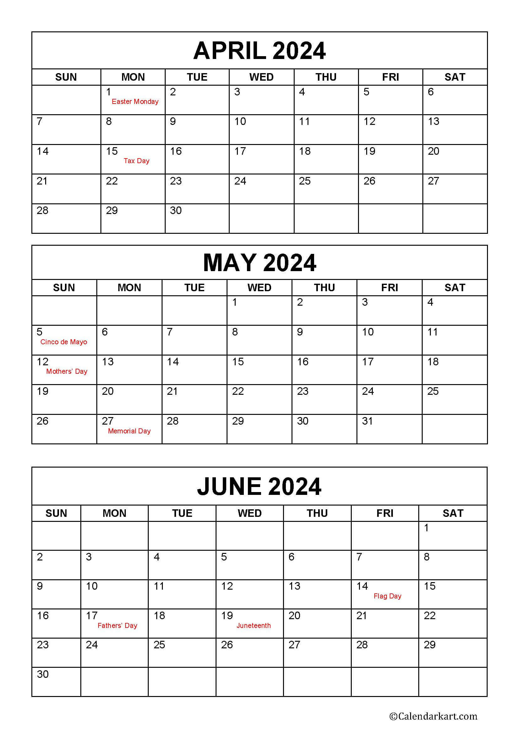 April To June 2024 Calendars (Q2): Free Printables - Calendarkart | May June July 2024 Calendar Printable