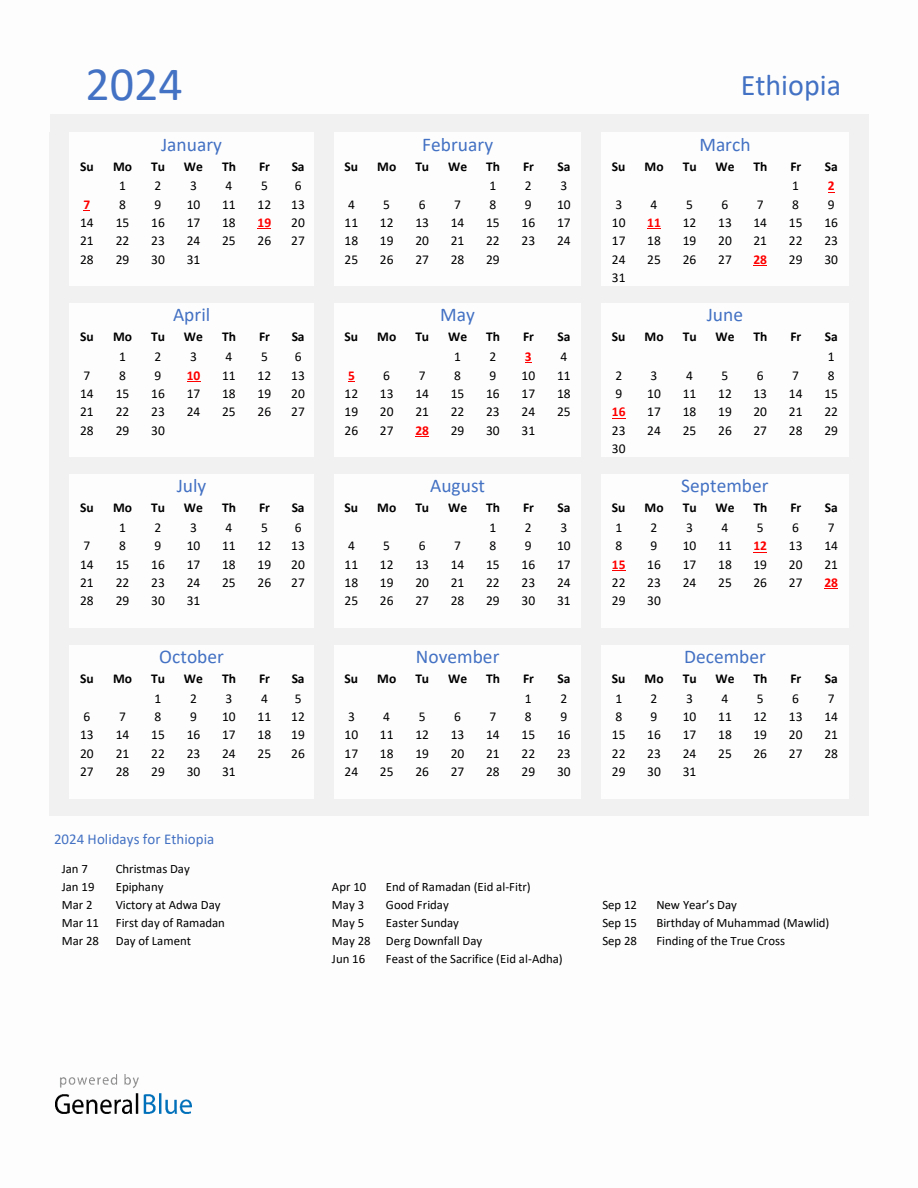 Basic Yearly Calendar With Holidays In Ethiopia For 2024 | July 10 2024 In Ethiopian Calendar