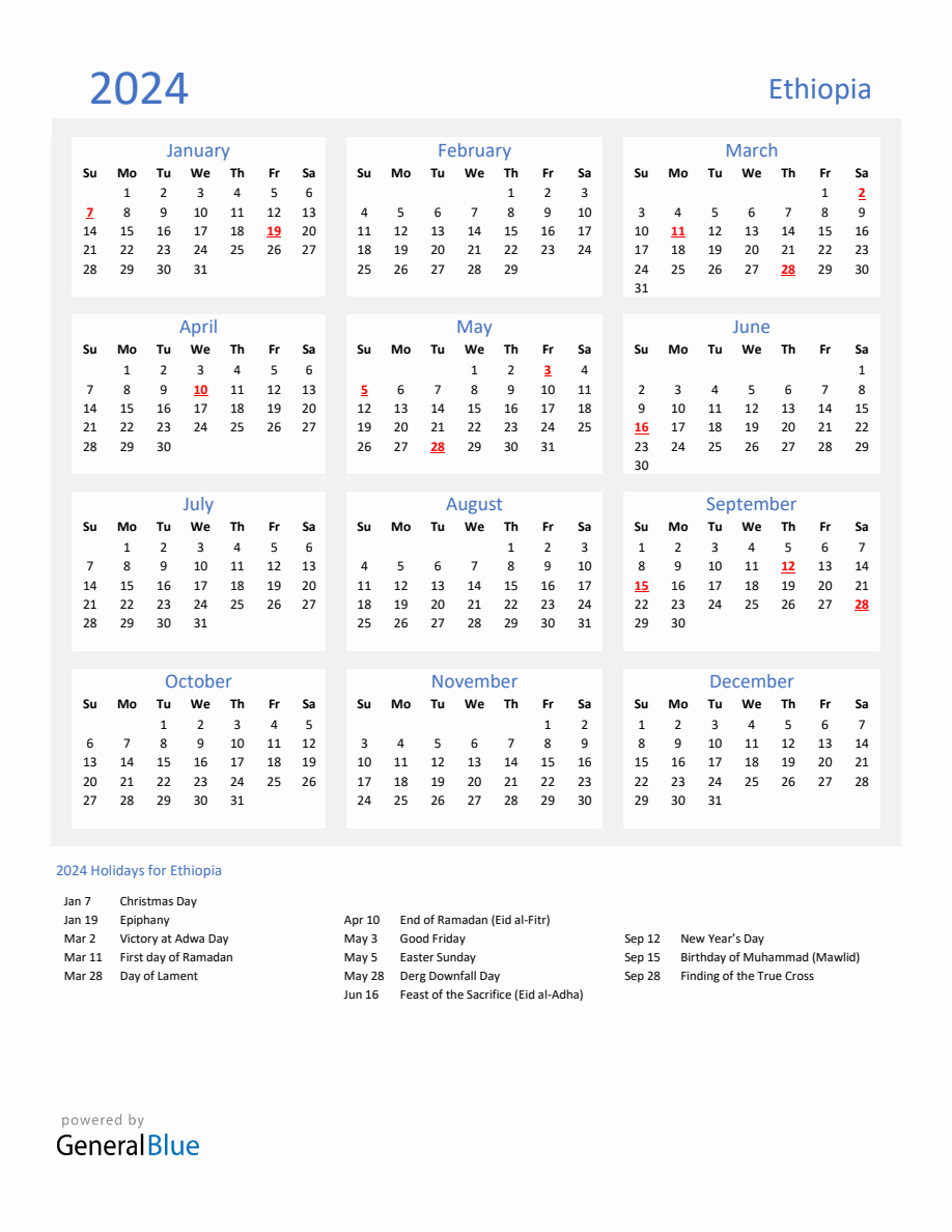 Basic Yearly Calendar With Holidays In Ethiopia For 2024 | July 12 2024 In Ethiopian Calendar