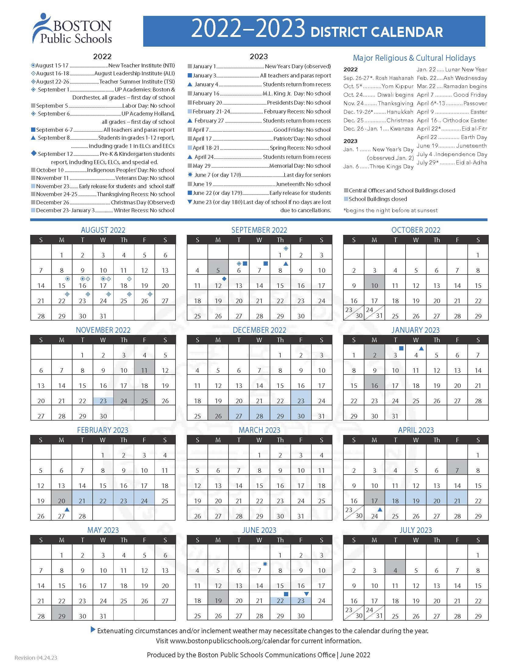 Boston Public Schools / Boston Public Schools District Calendar | Boston Calendar July 2024