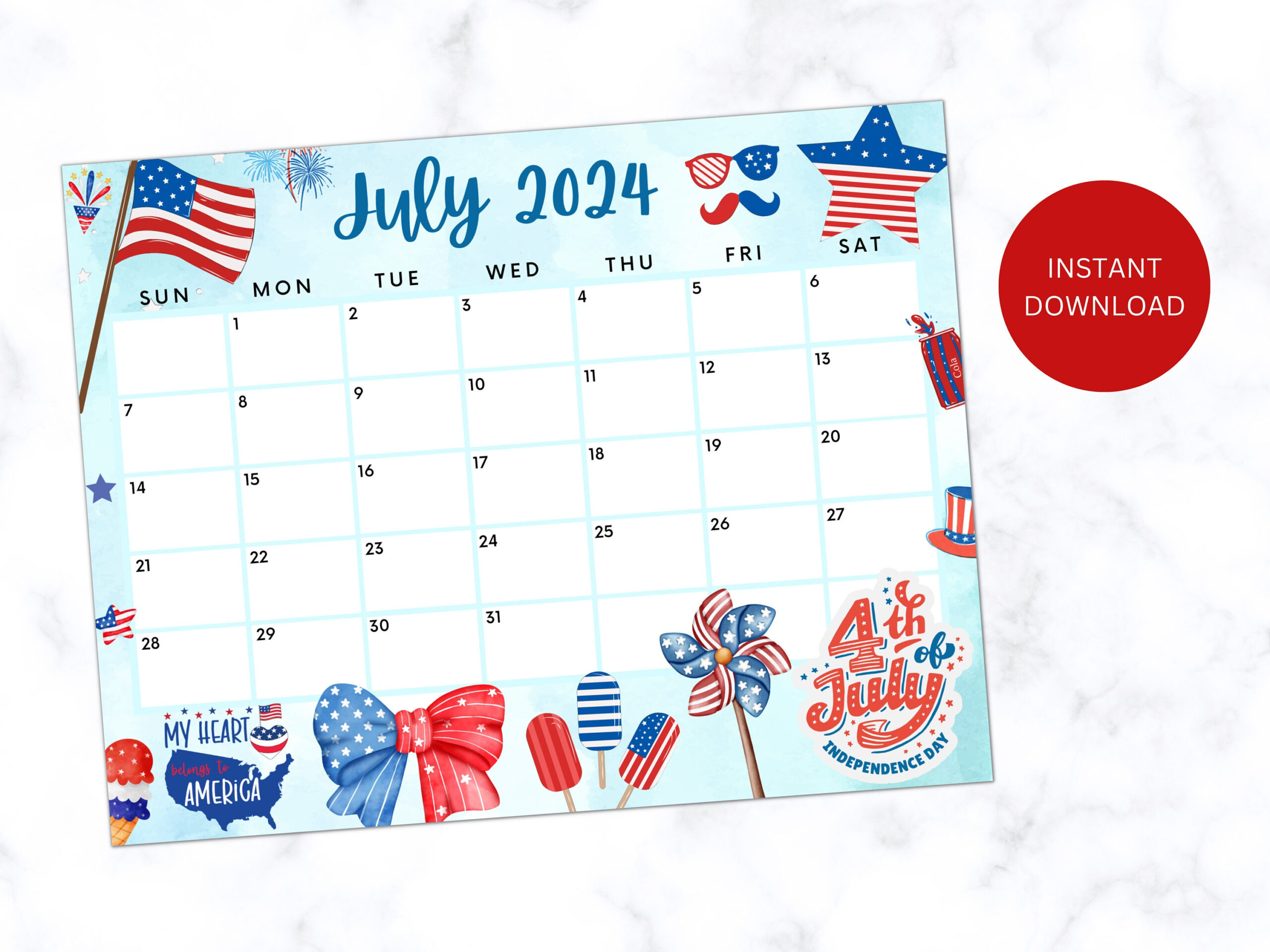 Buy Printable Fourth Of July 2024 Calendar, Editable Summer | Fourth Of July Calendar 2024