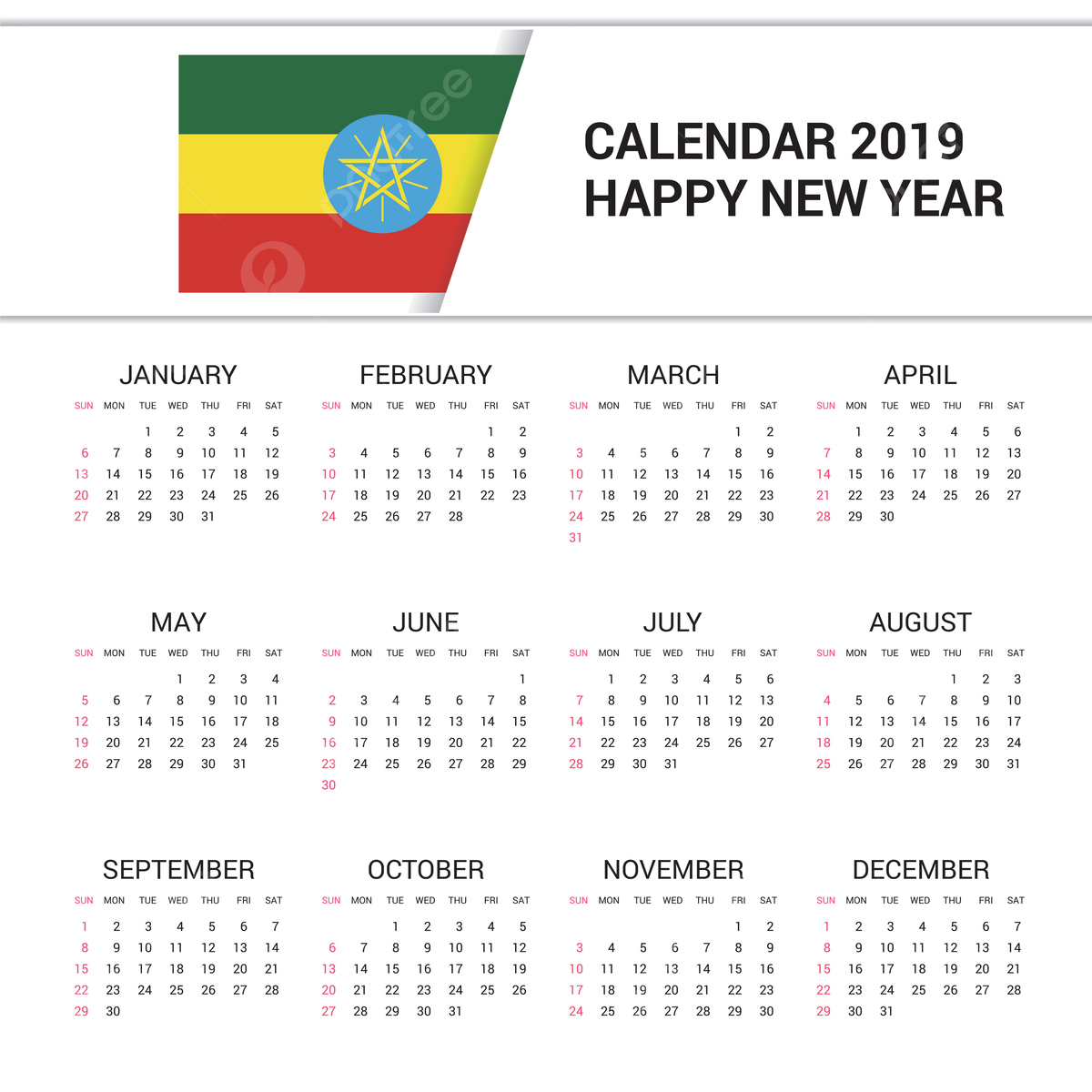 Calendar 2019 Ethiopia Flag Background English Language Template | July 17 2024 In Ethiopian Calendar