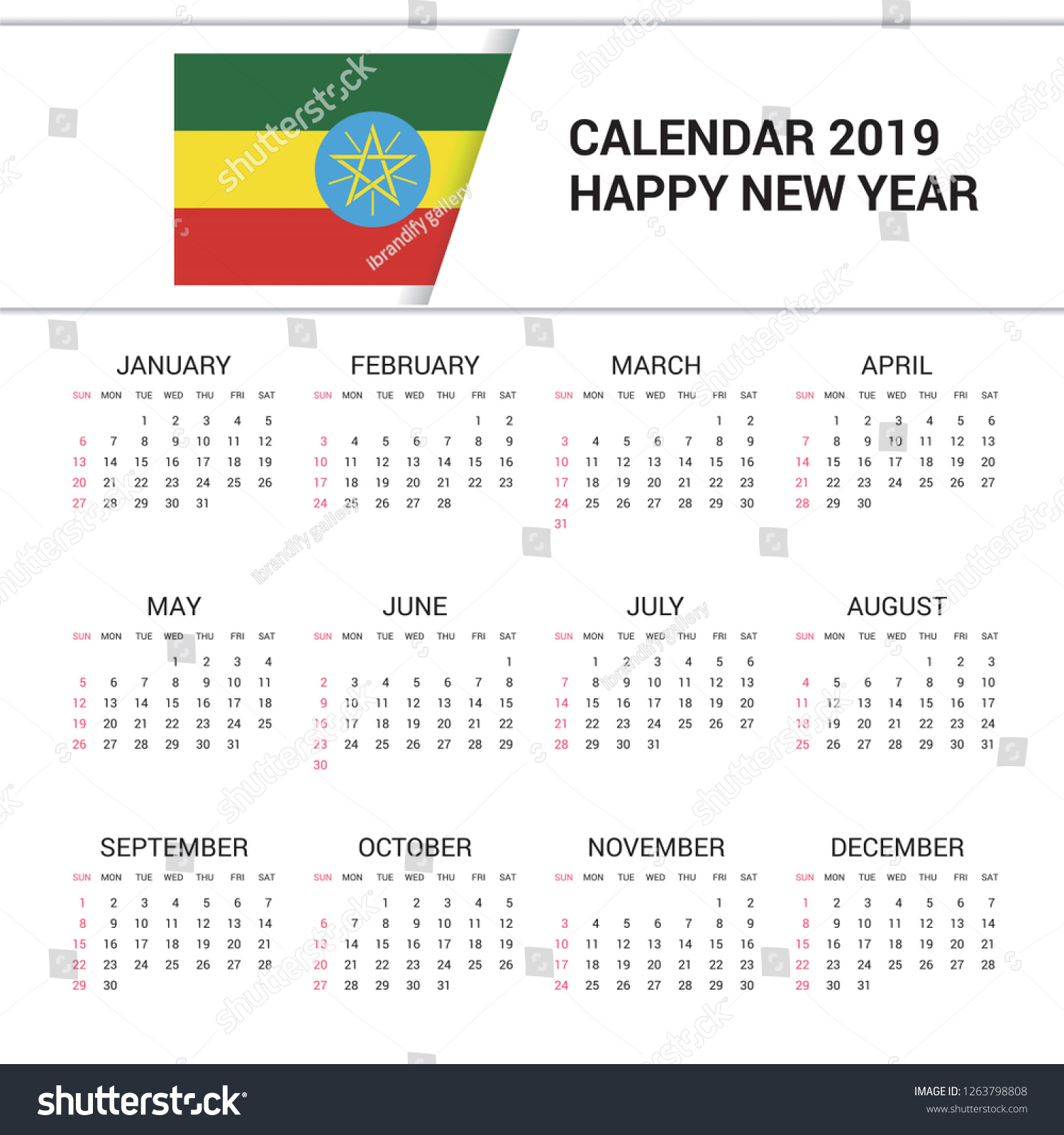 Calendar 2019 Ethiopia Flag Background English Stock Vector | July 29 2024 In Ethiopian Calendar