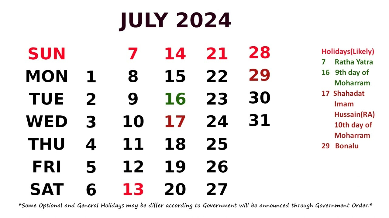 Calendar July 2024 | Calendar 2024 July India