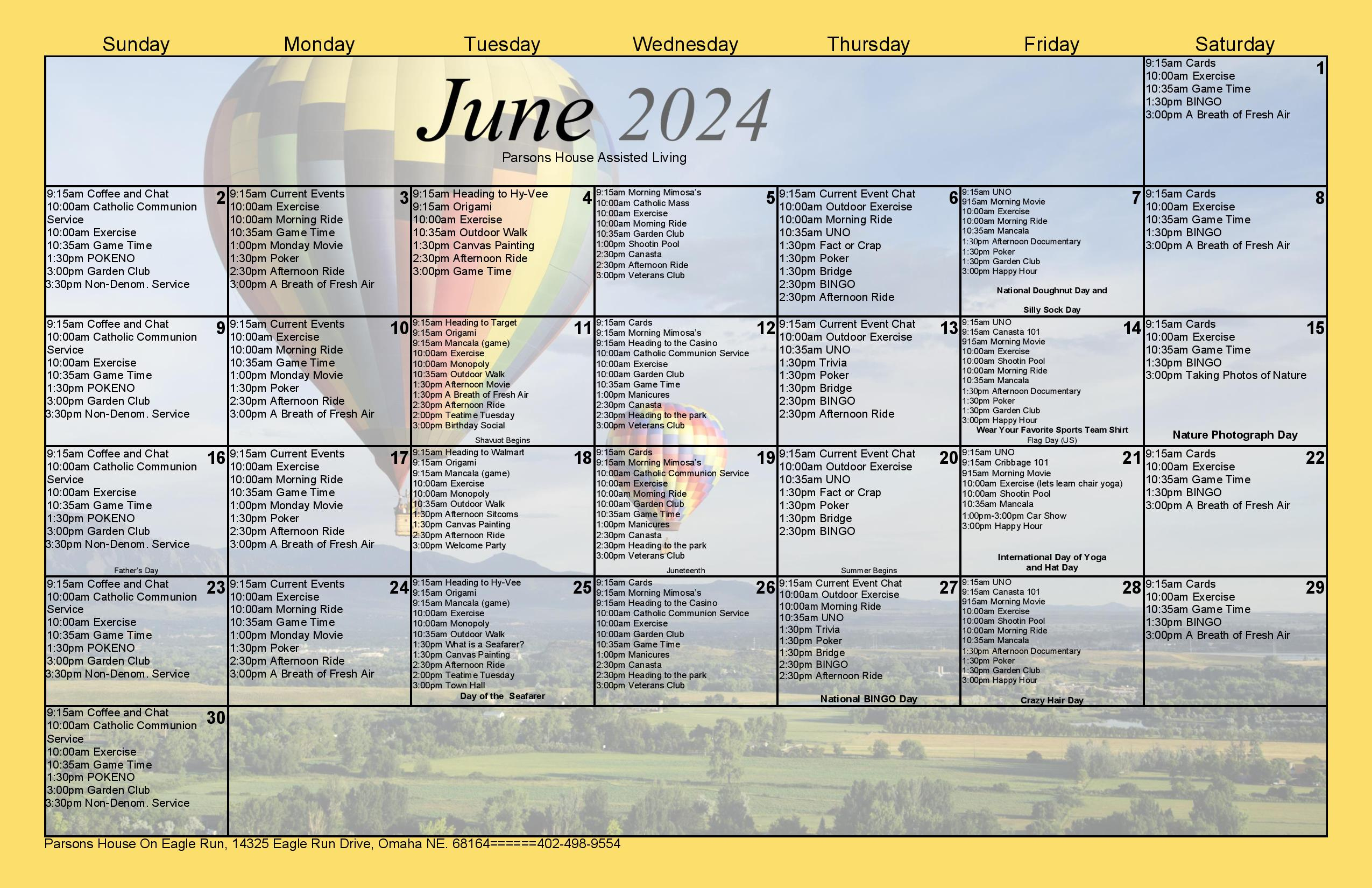 Calendar - Parsons House On Eagle Run Assisted Living | June Activity Calendar For Assisted Living