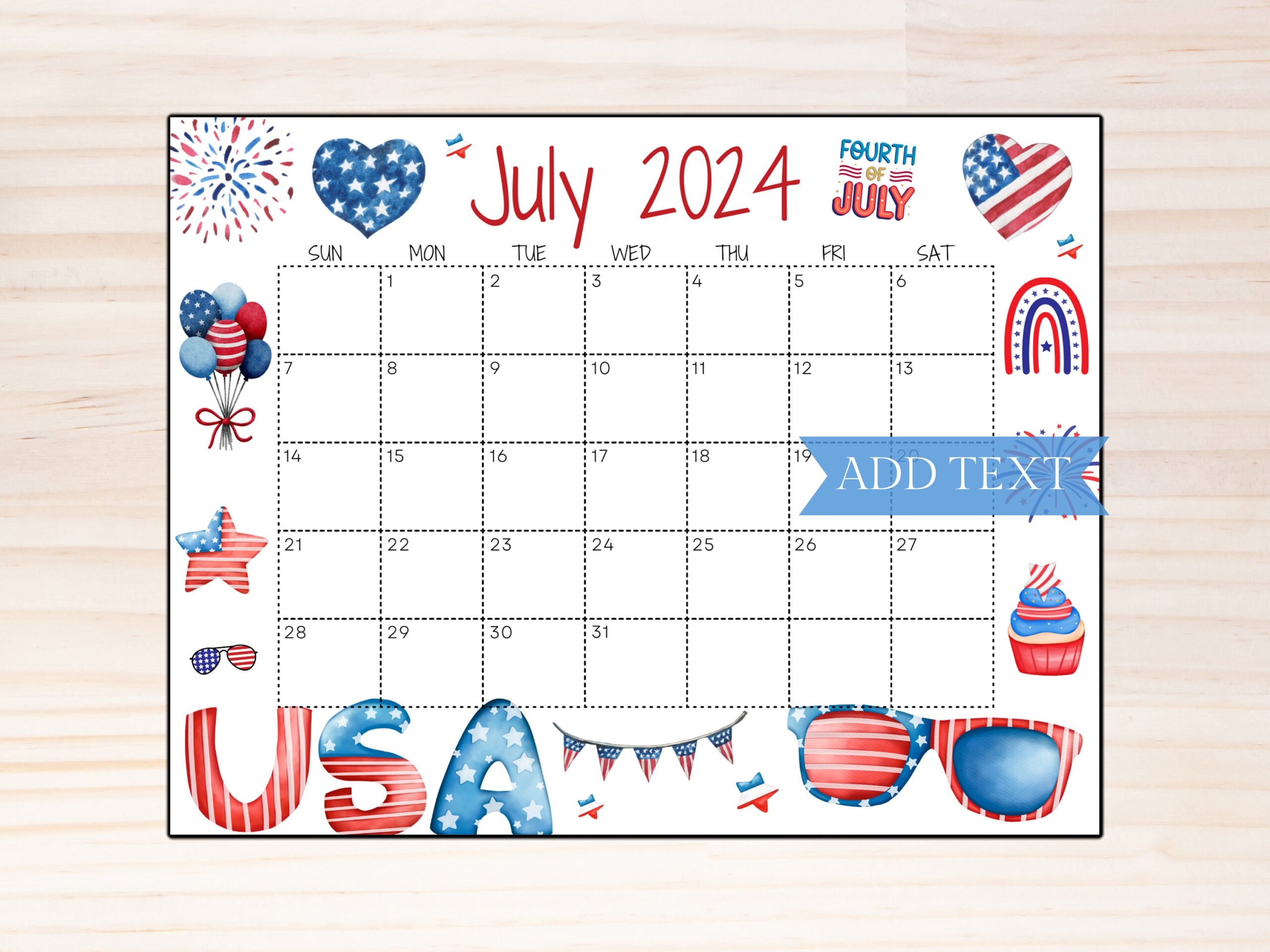 Druckbarer Kalender Für Den 4. Juli 2024, Bearbeitbarer | 4Th July 2024 Calendar Printable