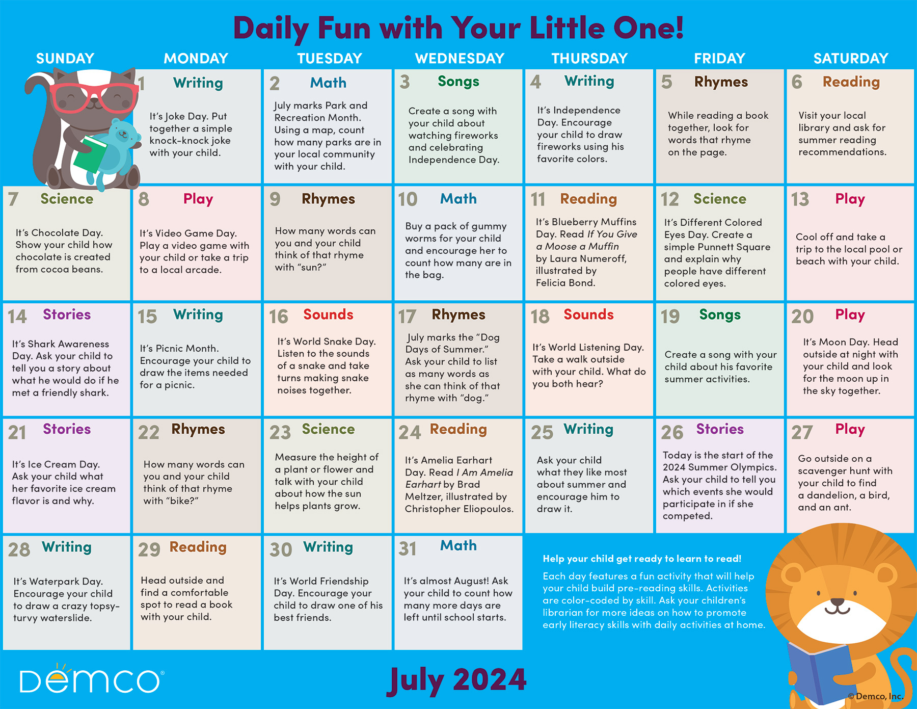 Early Literacy Activities — July 2024: Activities, Books, And More! | Activity Calendar For July 2024