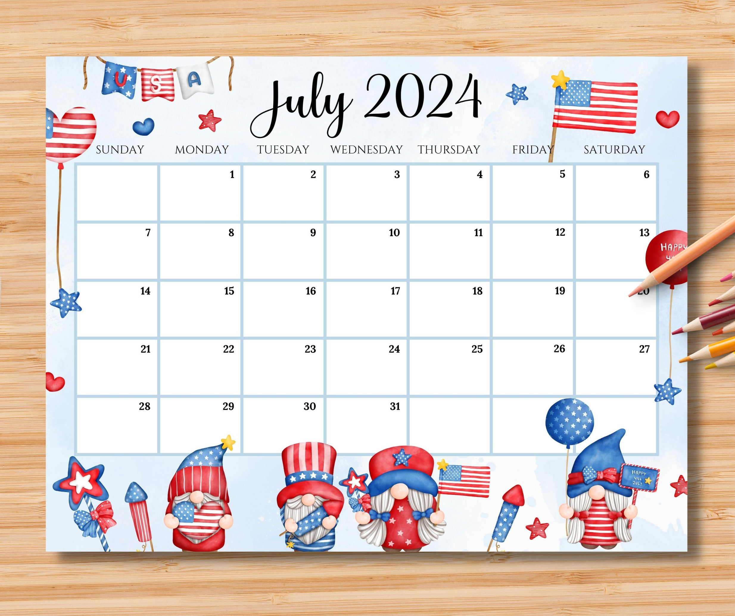 Editable July 2024 Calendar, 4Th July Independence Day With Cute | Calendar Of Saints July 2024