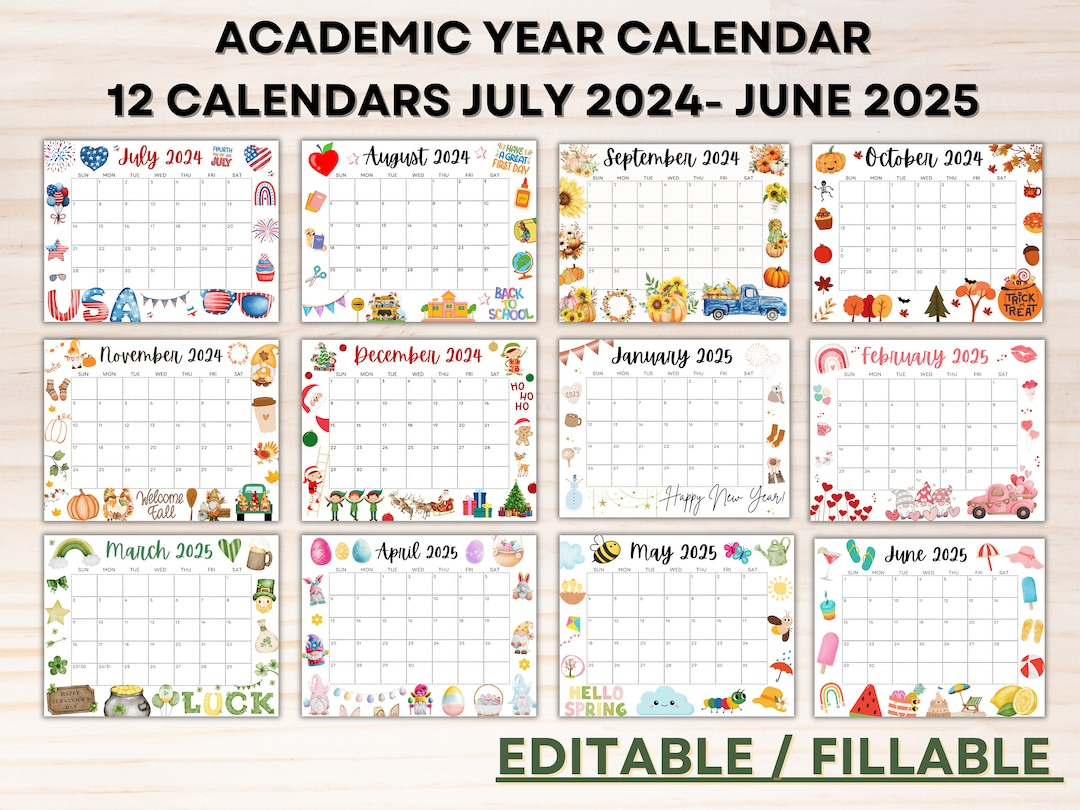 Editable School Calendar 2024-2025 From July To June Printable | July 2024 - July 2025 Calendar