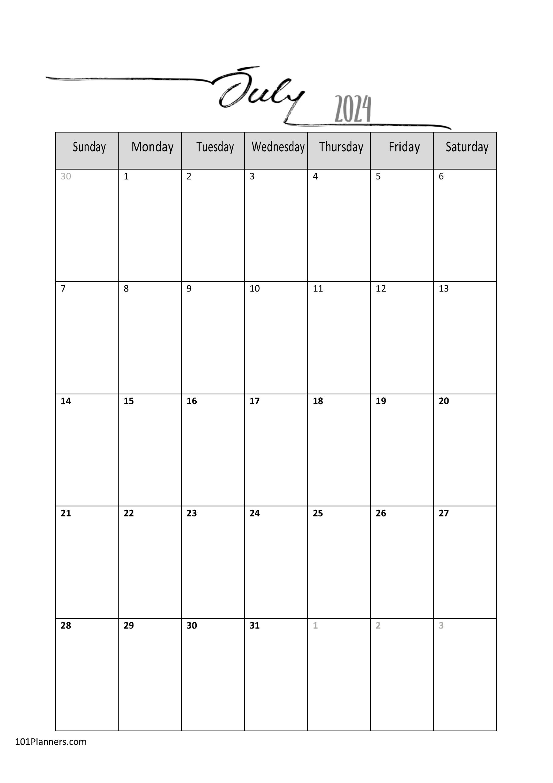 Free 2024 Calendar Template Word | Instant Download | July 2024 Printable Calendar Word