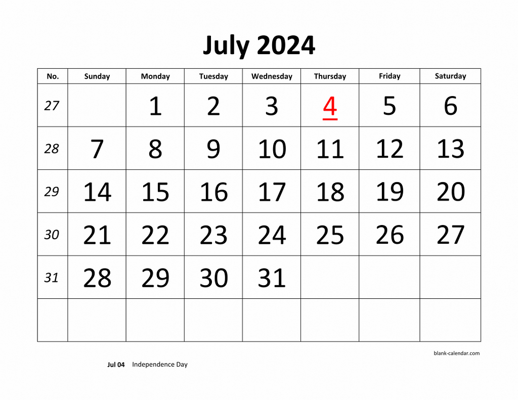 Free Download Printable July 2024 Calendar, Large Font Design | Large Print July Calendar 2024