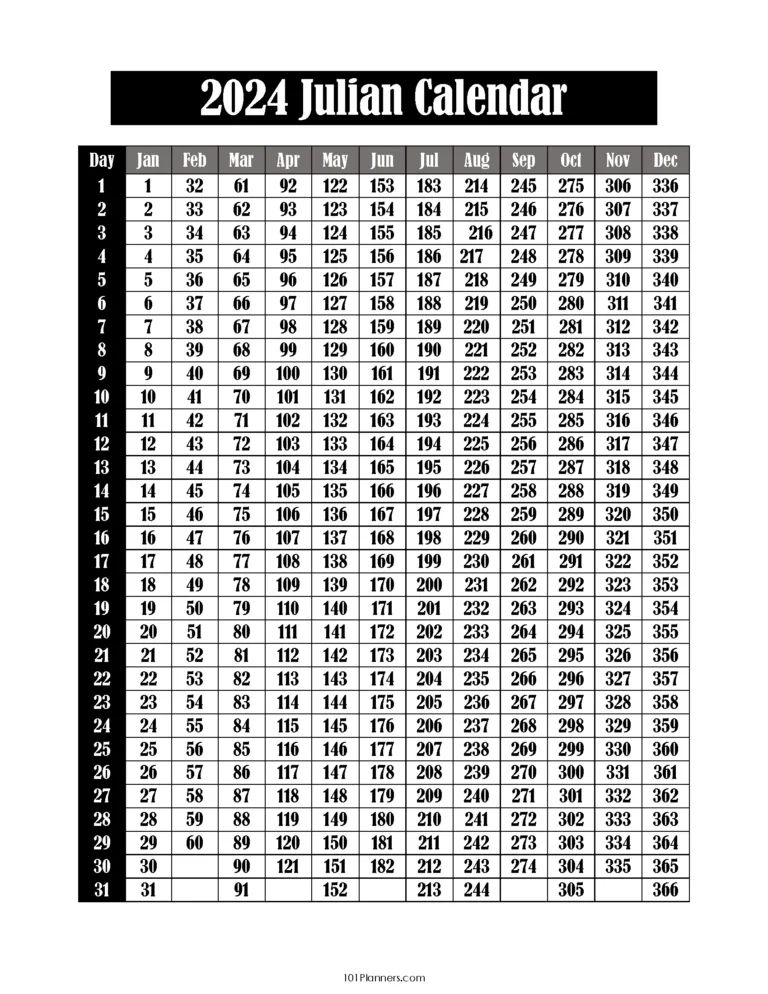 Free Printable Julian Calendar 2024-2032 | Julian Date Today | 2024 Julian Calendar Printable Free Download