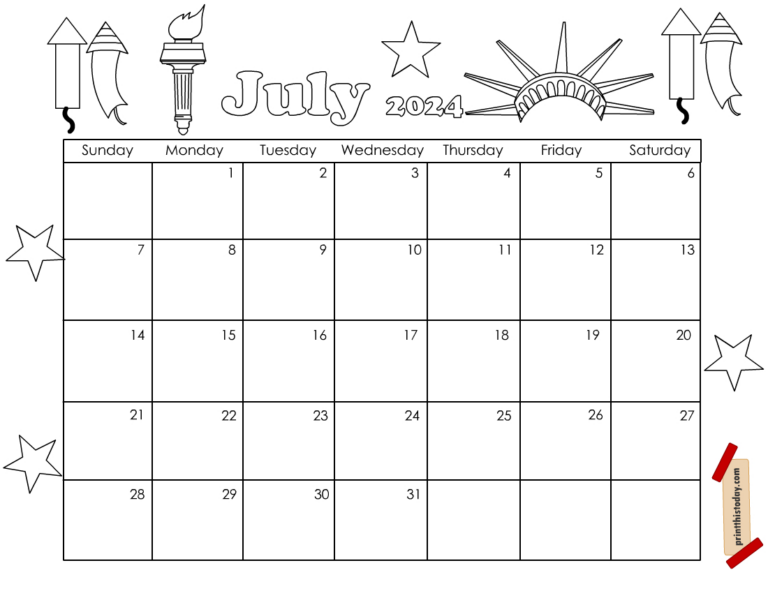 Free Printable July 2024 Calendar Pages And Templates | July Calendar Coloring Page 2024