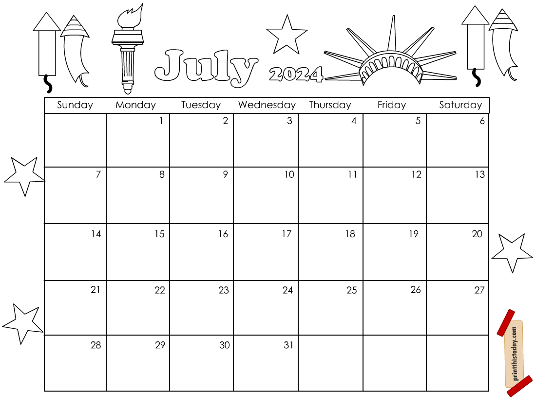 Free Printable July 2024 Calendar Pages And Templates | July Calendar Coloring Page 2024