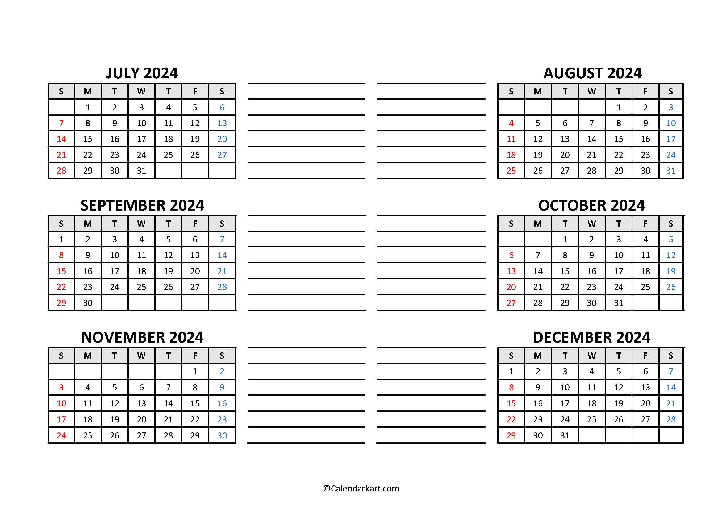 Free Printable Year At A Glance Calendar 2024 - Calendarkart | July - December 2024 Calendar