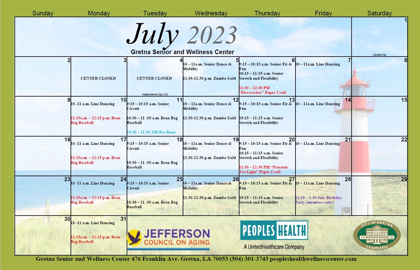 Gretna Senior Center Events Calendar – July, 2023 - City Of Gretna | July Activities Calendar For Seniors 2024