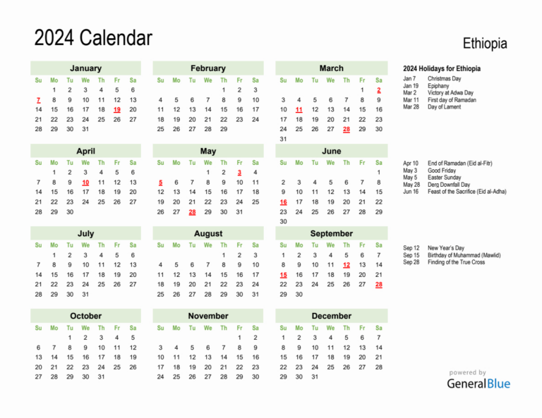 Holiday Calendar 2024 For Ethiopia (Sunday Start) | July 6 2024 in Ethiopian Calendar