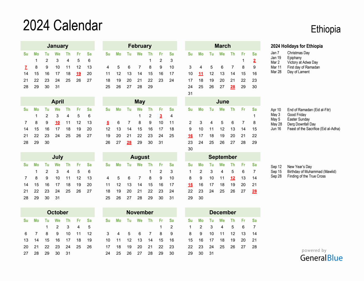 Holiday Calendar 2024 For Ethiopia (Sunday Start) | July 6 2024 In Ethiopian Calendar