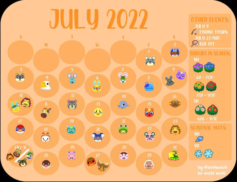 I Made A Monthly 2022 Calendar For All The Villager Birthdays And | Animal Crossing Birthday Calendar July 2024