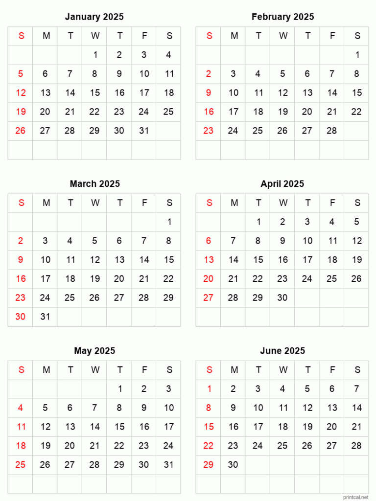 January To June 2025 Printable Calendar | Six Months Per Page | January To June 2025 Calendar Printable