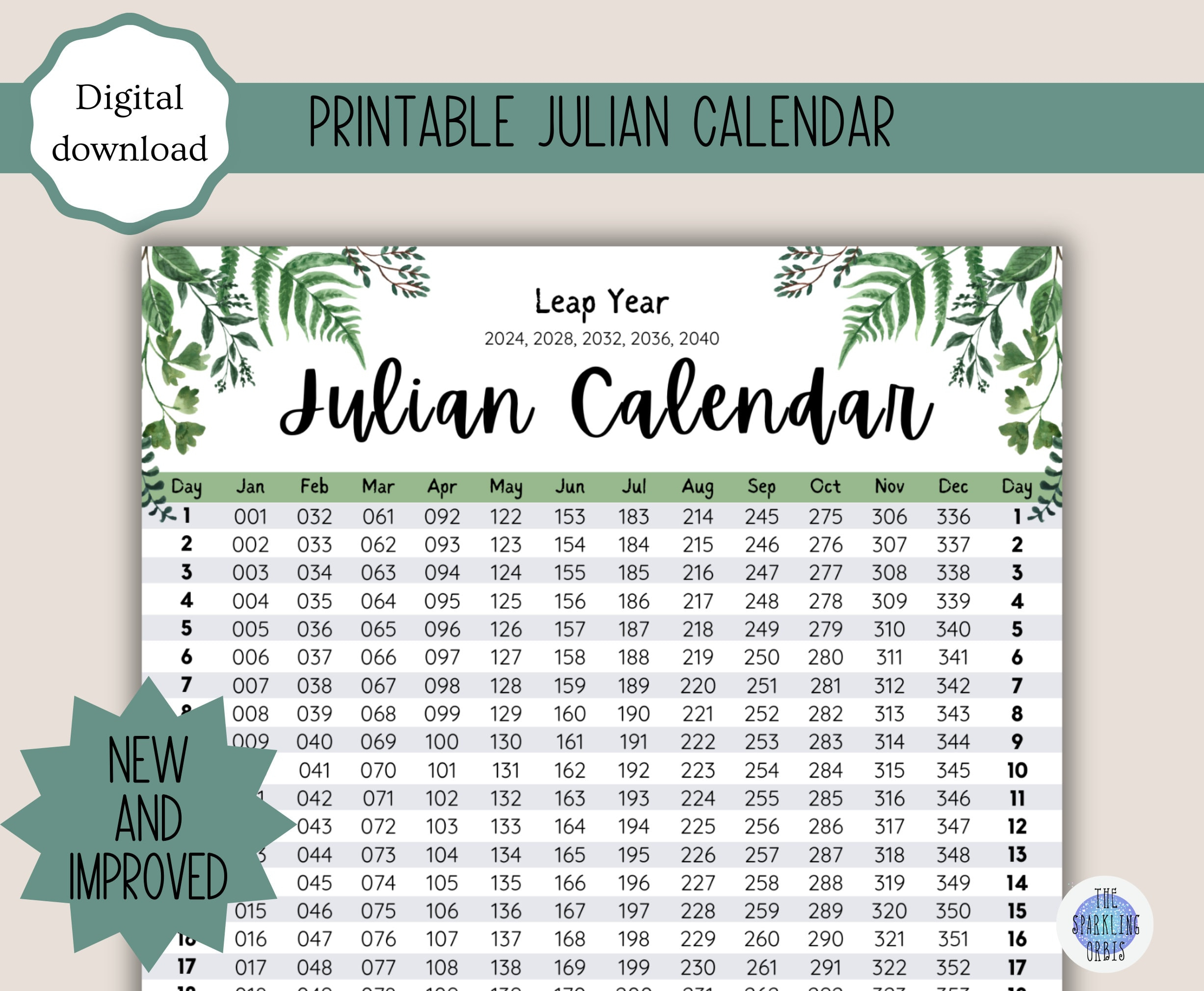 Julian Calendar Military And Government Leaf Design Digital | 2024 Julian Calendar Printable
