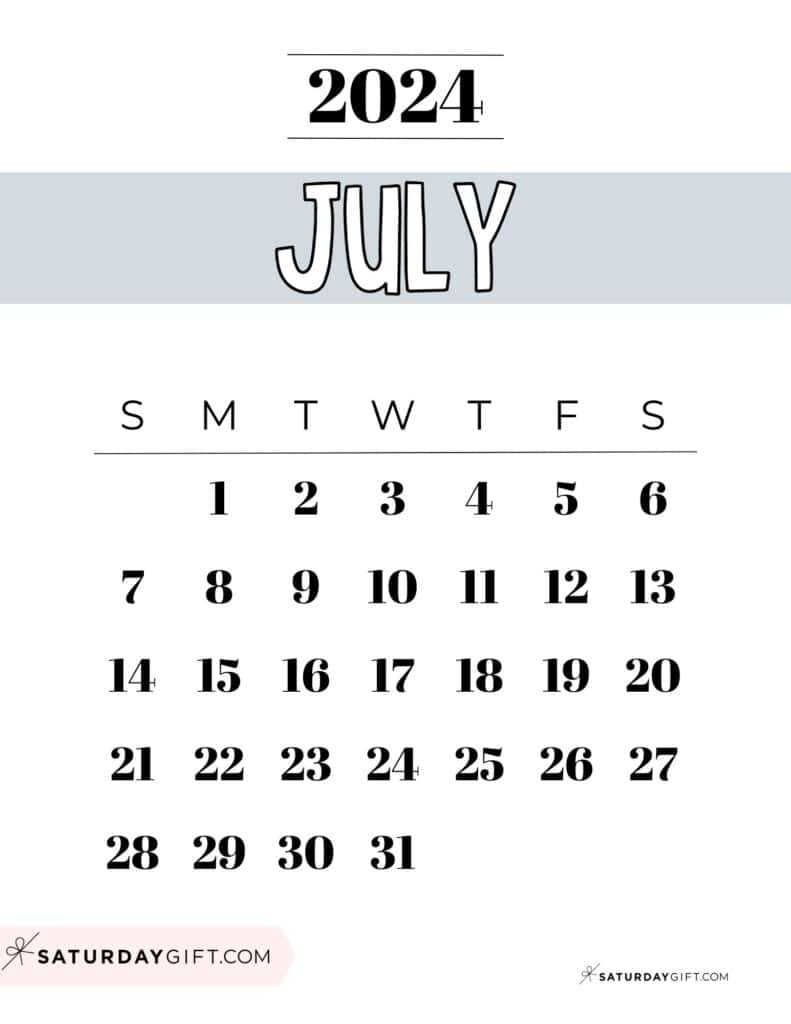 July 2024 Calendar - 20 Cute &Amp;Amp;Amp; Free Printables | Saturdaygift | 20Th July 2024 Calendar Printable