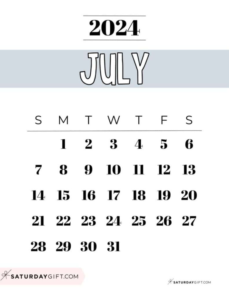 July 2024 Calendar - 20 Cute &amp; Free Printables | Saturdaygift | 21 July 2024 Calendar Printable