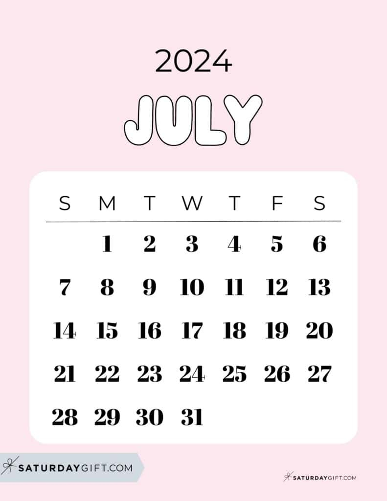 July 2024 Calendar - 20 Cute &Amp;Amp;Amp; Free Printables | Saturdaygift | 6 July 2024 Calendar Printable
