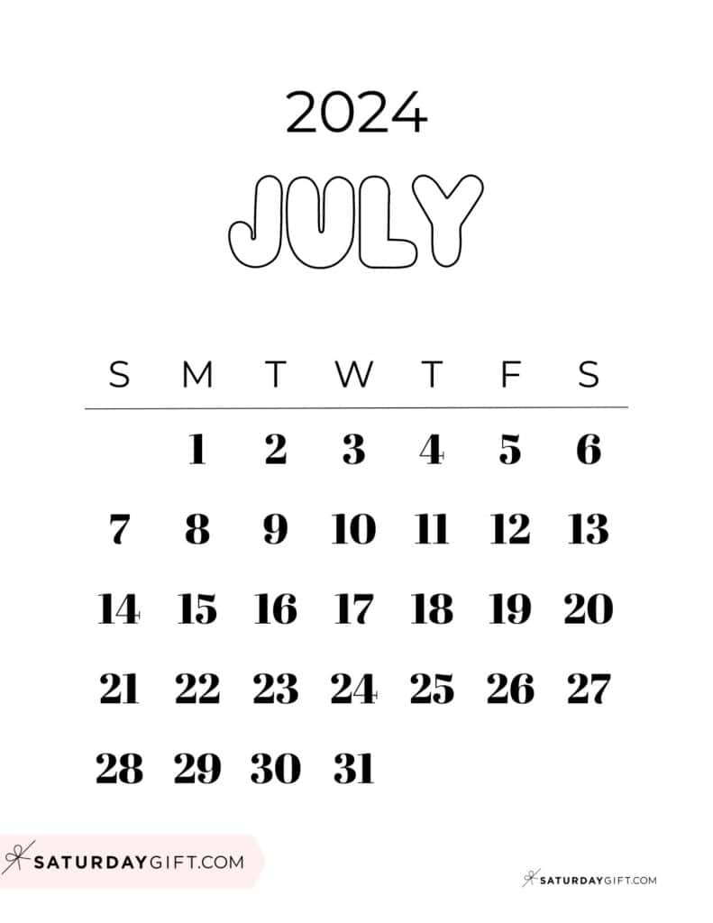 July 2024 Calendar - 20 Cute &amp;amp; Free Printables | Saturdaygift | 7Th July 2024 Calendar Printable