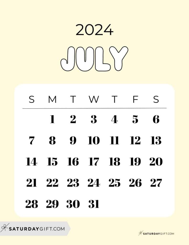 July 2024 Calendar - 20 Cute &Amp;Amp;Amp; Free Printables | Saturdaygift | Cute July 2024 Calendar Printable