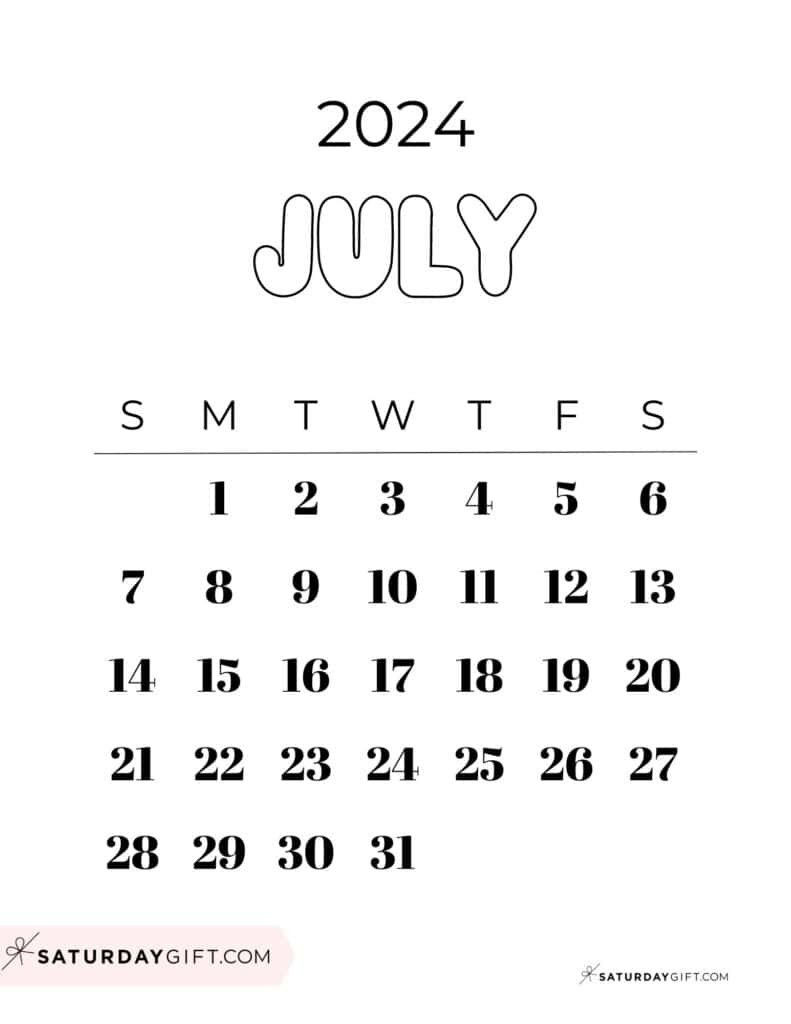 July 2024 Calendar - 20 Cute &Amp;Amp;Amp; Free Printables | Saturdaygift | Cute July Printable Calendar 2024